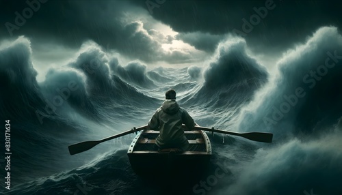 A man rows a small boat amidst towering waves in a violent sea storm, battling against the elements under a dark, ominous sky, showcasing nature's fury and his determination.