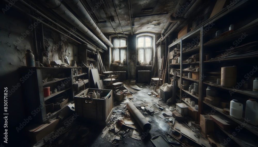 A neglected, abandoned basement filled with old, dusty tools and scattered debris, with dim light filtering through dirty windows, creating a desolate and eerie atmosphere.