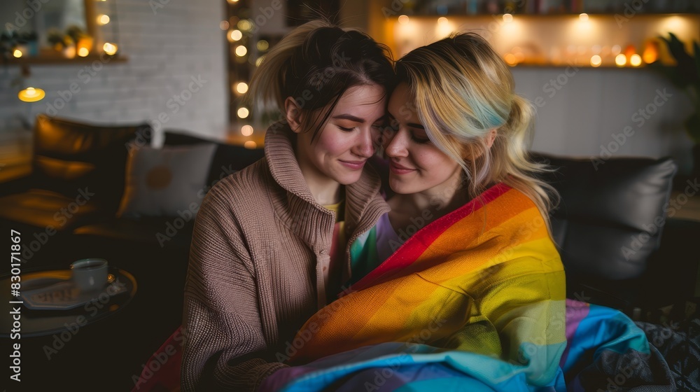 Queer couple enjoying a cozy evening at home, wrapped in a rainbow blanket, warm and intimate.