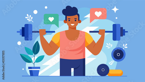 A mans workout routine has become more about impressing his followers on social media than for his own fitness and health goals.. Vector illustration