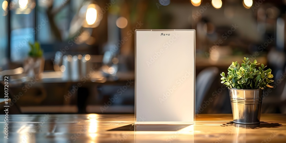 Creating a Restaurant Menu Frame with a Blank White Sheet of Paper and Acrylic Tent Card on a Table with Blurred Background. Concept Restaurant Menu Design, Table Setting, Blank Paper Mockup Creating a Restaurant Menu Frame with a Blank White Sheet of Paper and Acrylic Tent Card on a Table with Blurred Background. Concept Restaurant Menu Design, Table Setting, Blank Paper Mockup
