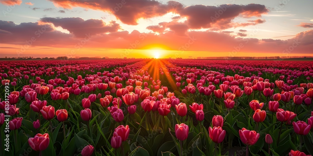 Obraz premium Golden Glow: A Vibrant Sunset over a Field of Spring Flowers. Concept Landscape Photography, Sunset Views, Spring Blossoms, Golden Hour Trends