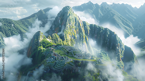 iconic image of Machu Picchu citadel perched high Andes Mountains of Peru surrounded mistshrouded peak lush green valley ancient Inca ruin their intricate stone terrace temple evoke sense of mystery w photo