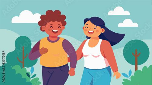 Two friends go for a walk together chatting and laughing as they encourage each other to adopt healthier lifestyle habits.. Vector illustration