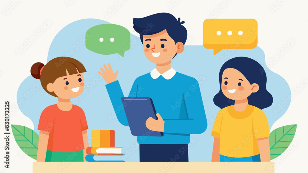 A teacher discusses the importance of communication and collaboration between parents and teachers in order to support student success.. Vector illustration A teacher discusses the importance of communication and collaboration between parents and teachers in order to support student success.. Vector illustration