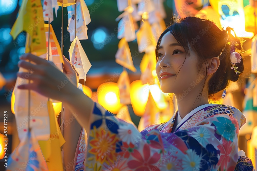 Asian woman in kimono hanging decorations at night. Colorful paper ornaments. Tanabata festival concept. Japanese holiday and culture of Japan. Design for greeting card, banner, poster