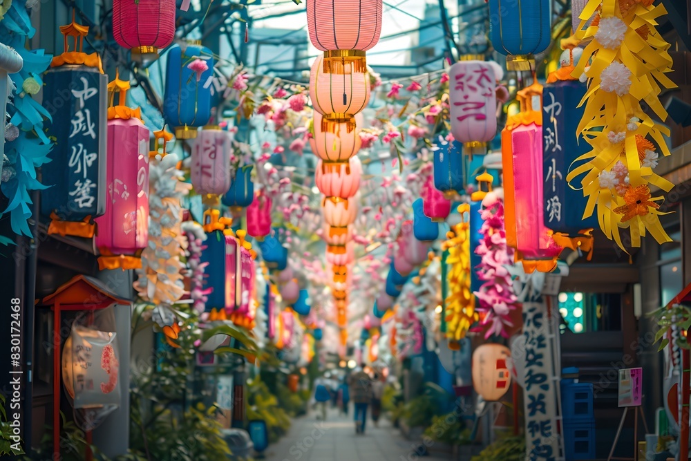 Naklejka premium Decorative paper lanterns hanging in festive street. Tanabata festival concept. Japanese holiday and Japan culture. Design for greeting card, banner, poster