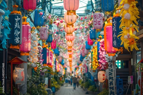 Decorative paper lanterns hanging in festive street. Tanabata festival concept. Japanese holiday and Japan culture. Design for greeting card  banner  poster