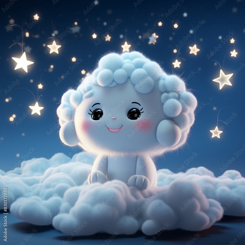 Obraz premium Charming baby moon illustration with kawaii cartoon clouds and starry dream