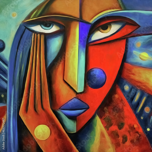 Cubist abstract frontal portrait of an astrophysicist with a deep gaze in cyan and orange, for concepts of science, research, astronomical objects and phenomena