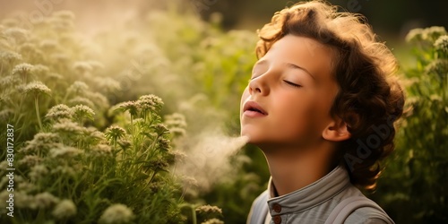 Allergic Boy Sneezing Among Herbs with Itchy Nose. Concept Allergies, Sneezing, Herbs, Itchy Nose, Health photo
