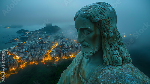 iconic image of Statue of Christ Redeemer illuminated against night sky overlooking city of Rio de Janeiro Brazil statue's outstretched arm serene expression exude sense of peace compassion while pano