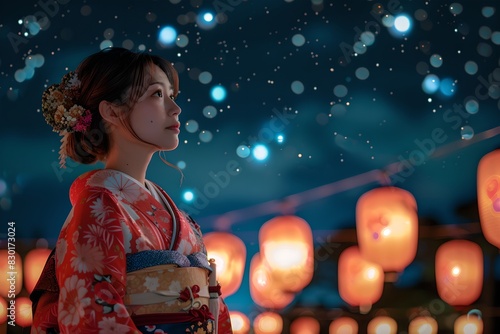 Asian woman in kimono under festive lanterns and night sky. Tanabata festival concept. Japanese holiday and Japan culture. Design for greeting card, banner, poster