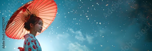 Asian woman with parasol under starry sky. Tanabata festival concept. Japanese holiday and Japan culture. Design for greeting card, banner, header with copy space photo
