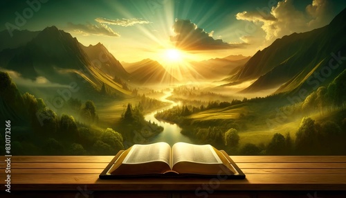 Bible 1. Opened Bible with a golden glow on a wooden table against the background of a gorgeous mountain landscape with a river during sunset photo