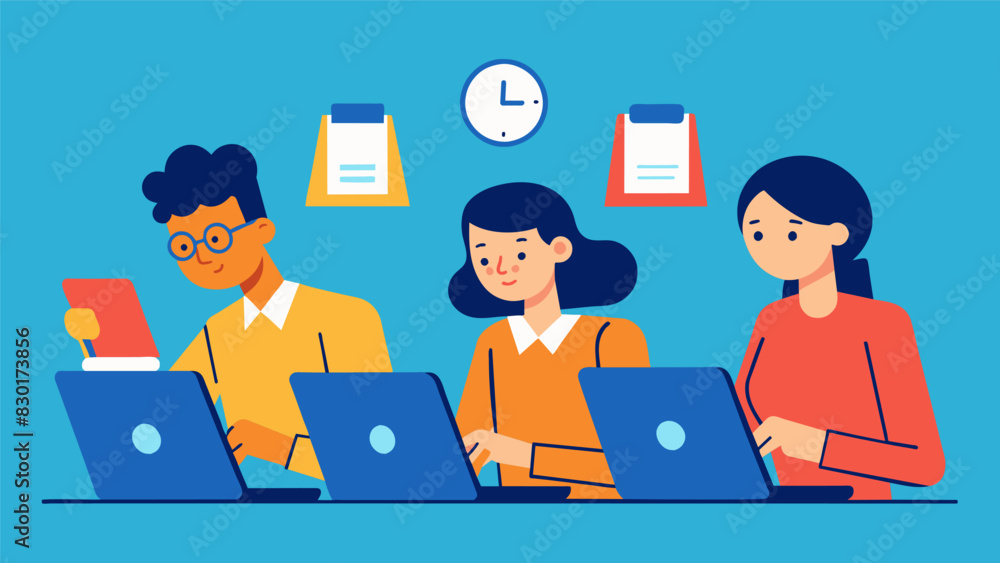 Members of the team frantically typing away on their laptops trying to meet the publication deadline.. Vector illustration Members of the team frantically typing away on their laptops trying to meet the publication deadline.. Vector illustration