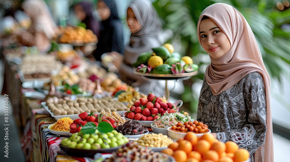 Breaking Fast, Ramadan iftar dinning table. Top view of muslim family celebrate Eid together share a meal   