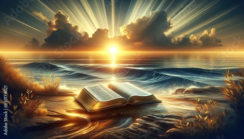 Bible 15. An open Bible by the sea with a cloudy sky during sunset photo