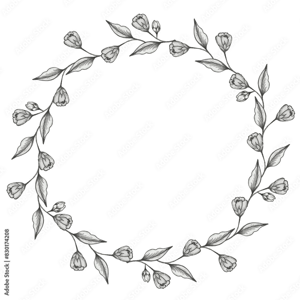 Obraz premium Beautiful round frame of small flowers in black and white style
