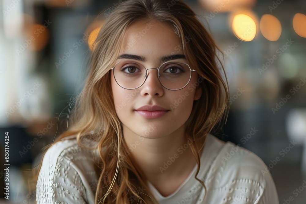 Woman with glasses sitting at table with food Woman with glasses sitting at table with food