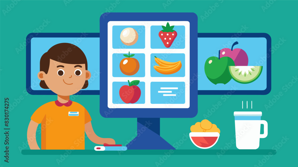 Interactive displays where students can match healthy snacks with their corresponding food groups.. Vector illustration Interactive displays where students can match healthy snacks with their corresponding food groups.. Vector illustration