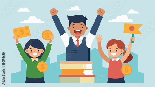 An excited student council member announcing the success of their fundraiser revealing the grand total of funds raised and how it will benefit the school.. Vector illustration