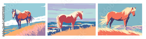 Collection of three scenic postage stamp-style vectors depicting an American horse on a hill amidst golden wheat fields, with its mane billowing in the wind, rendered in a minimalist 2D flat design st