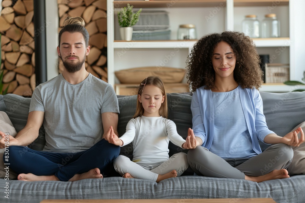 Family relaxing, practicing yoga on couch Family relaxing, practicing yoga on couch