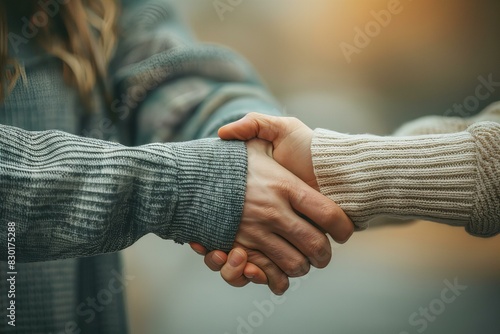 Two people in sweaters shaking hands photo