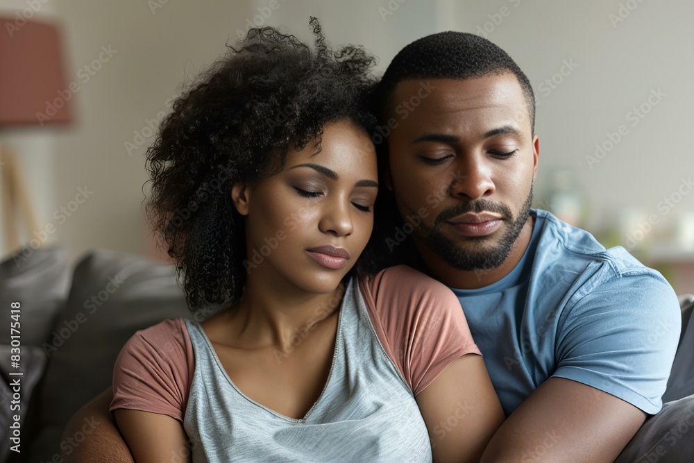 Obraz premium Man and woman sitting on couch looking at cell phone