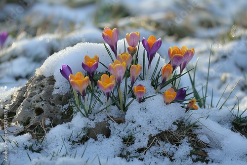 Purple orange flowers sprouting snow ground photo