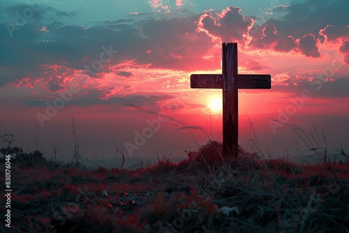 Cross on hill with sunset in background