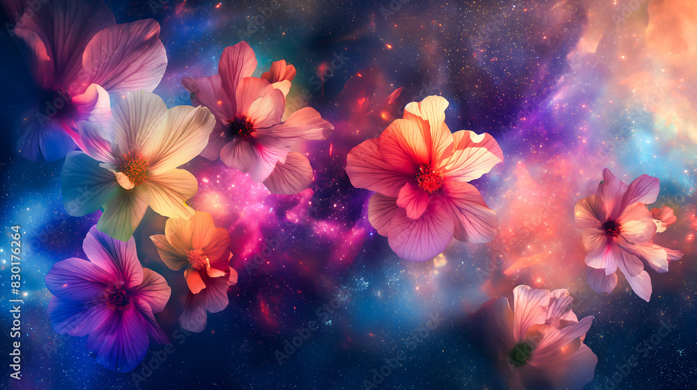 Vibrant flowers blooming against a backdrop of the galaxy, blending natural beauty with cosmic elements Vibrant flowers blooming against a backdrop of the galaxy, blending natural beauty with cosmic elements