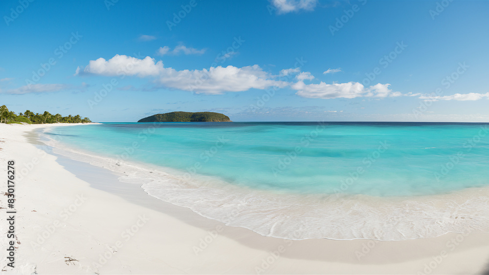 Sand spit of a tropical island stretching into the distance. Beautiful sunny summer landscape with white sand beach.
