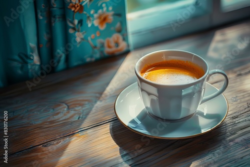 A cup of coffee on a saucer on a table photo