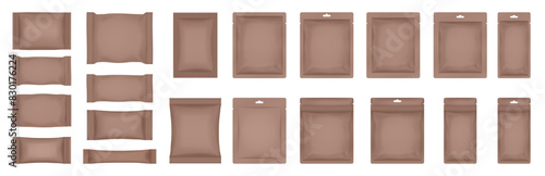 Set of realistic pouch mockups. Brown flow pack, sachet, zip bag. Soap wrapper. Sheet mask sachet. Soap or wet wipes packaging. Sugar stick	