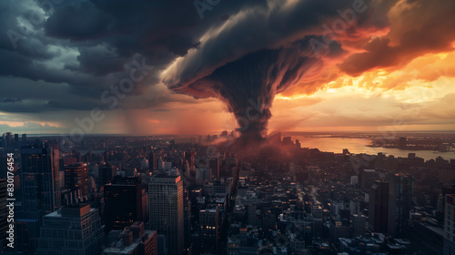 Apocalyptic cityscape with ominous storm cloud. Generative AI image