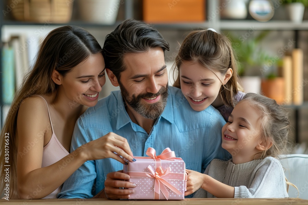 Woman looks at a gift while two children watch Woman looks at a gift while two children watch