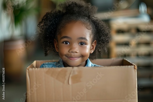 Little girl cardboard box smile look camera © Sandu