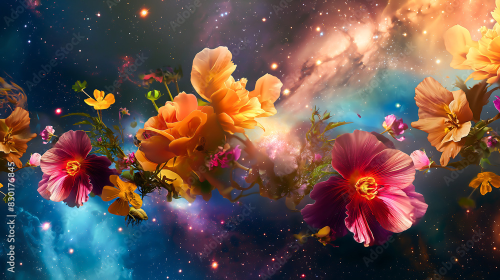 Vibrant flowers blooming against a backdrop of the galaxy, blending natural beauty with cosmic elements Vibrant flowers blooming against a backdrop of the galaxy, blending natural beauty with cosmic elements