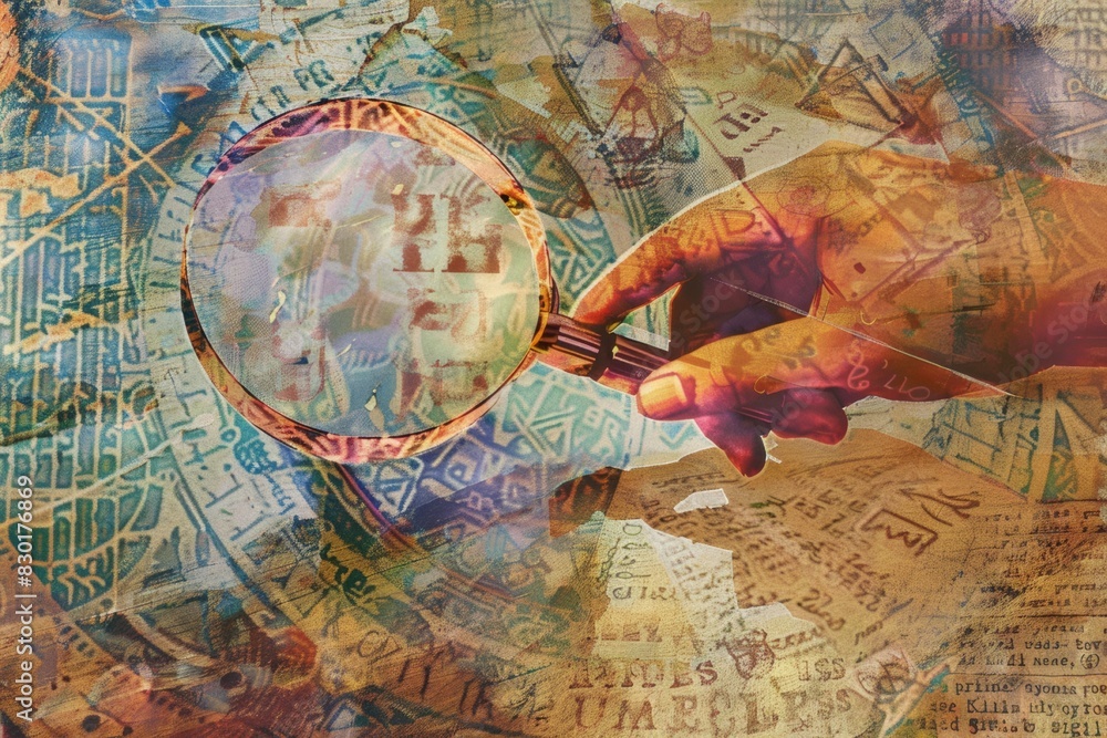 Fototapeta premium magnifying glass on old paper manuscript, archive research