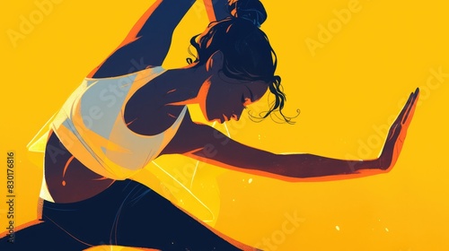 An eye catching 2d illustration features a dynamic African American woman mastering the Twist posture known as Parivrtta Trikonasana in a yoga class This fitness exercise is all about naili photo