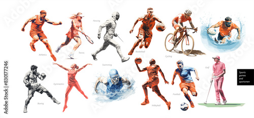 Sport and athletes at the games. Vector illustration of fencer, tennis player, boxer, basketball player, volleyball player, cyclist, swimmer, athletic, gymnast, water polo, soccer player and golfer