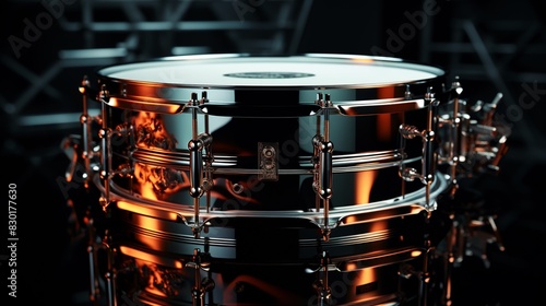 A closeup of a snare drum under dramatic lighting, vibrant reflections on the surface, dark and moody background, high detail, studio setting 8K , high-resolution, ultra HD,up32K HD photo
