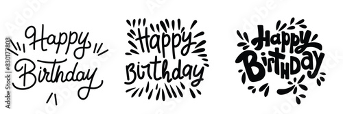 Collection of Happy Birthday text lettering. Hand drawn vector art.