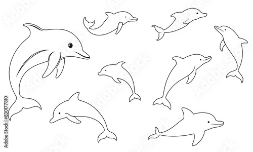 Collection of outline dolphins in doodle style. Hand drawn vector art.