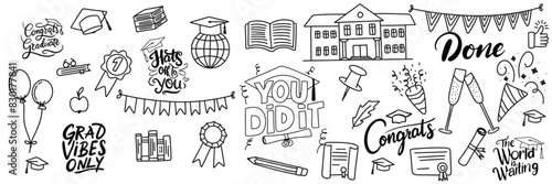 Collection of graduation doodle set icon. Hand drawn vector art.