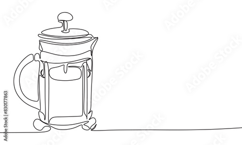 French Press one line continuous. Line art coffee French Press. Hand drawn vector art.
