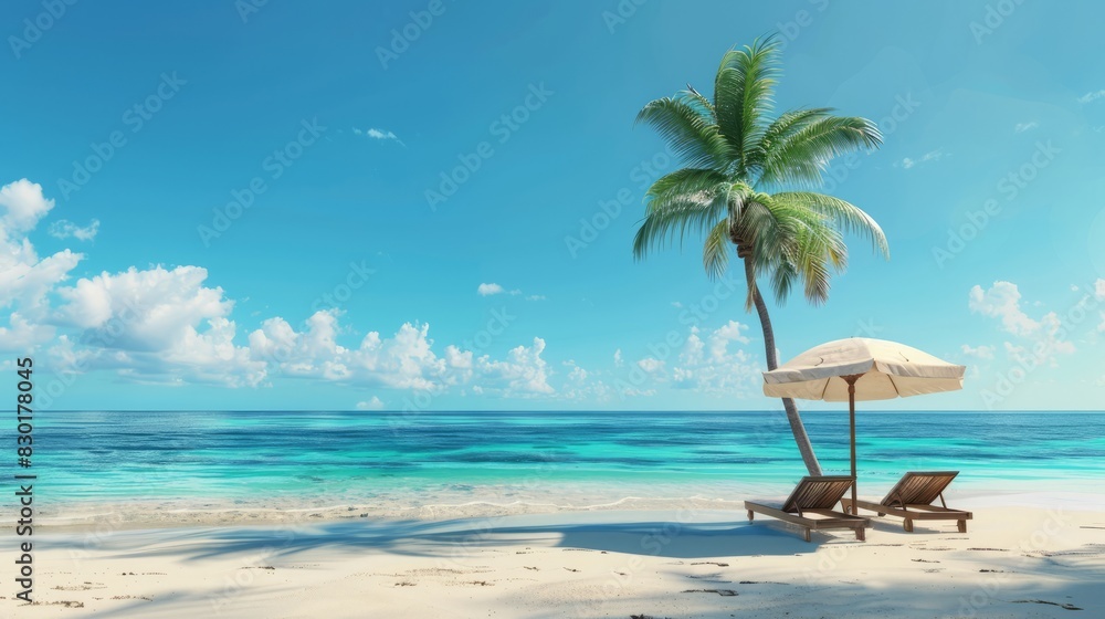 A serene tropical beach with clear blue skies, a palm tree, a white umbrella, and two sun loungers on pristine sand. A serene tropical beach with clear blue skies, a palm tree, a white umbrella, and two sun loungers on pristine sand.