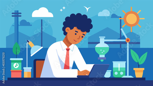 A student sitting in a science lab intently conducting experiments for their capstone project on renewable energy sources.. Vector illustration